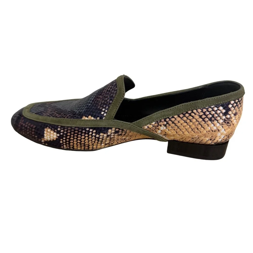Donald Pliner Rezza Snakeskin Embossed Leather Loafers Olive Suede Trim 8.5M
